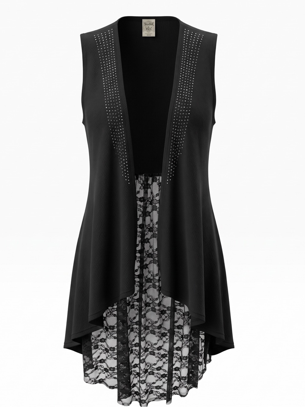 Vocal Black Lace Open Front Duster Vest with Stud Accents